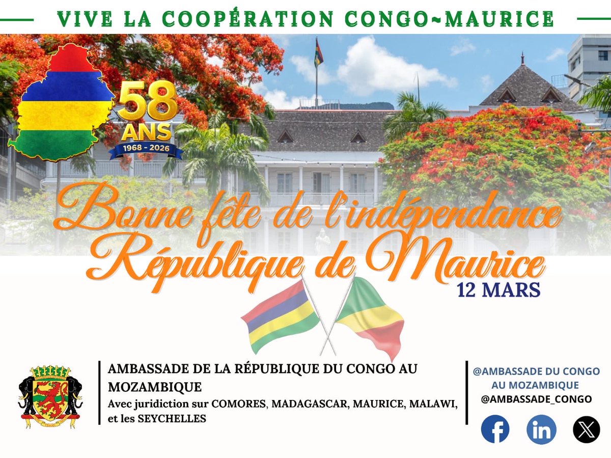 serge_bounda's tweet photo. 🇲🇺 Bonne fête de l’indépendance à Maurice !

En ce 12 mars, nous adressons nos vœux à nos sœurs &amp; frères mauriciens. Cette célébration rappelle aussi la solidarité africaine et notre partenariat, récemment illustré par une plantation d’arbres à Pointe-Canon. @DhananjayRamful https://t.co/PsFhXZ8rim