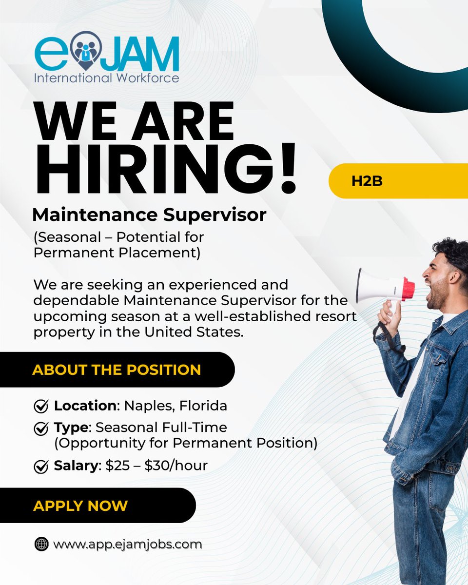 eJAMJOBS's tweet photo. 🛠️ Hiring: Maintenance Supervisor (Naples, FL) 🔧
Pay: $25.00 – $30.00 / Hour

🔗 Apply Now: https://t.co/a0sh1gCkxW

#MaintenanceJobs #NaplesFlorida #Hiring #ResortJobs #FacilityManagement #FloridaJobs https://t.co/QgLuFbLVgF