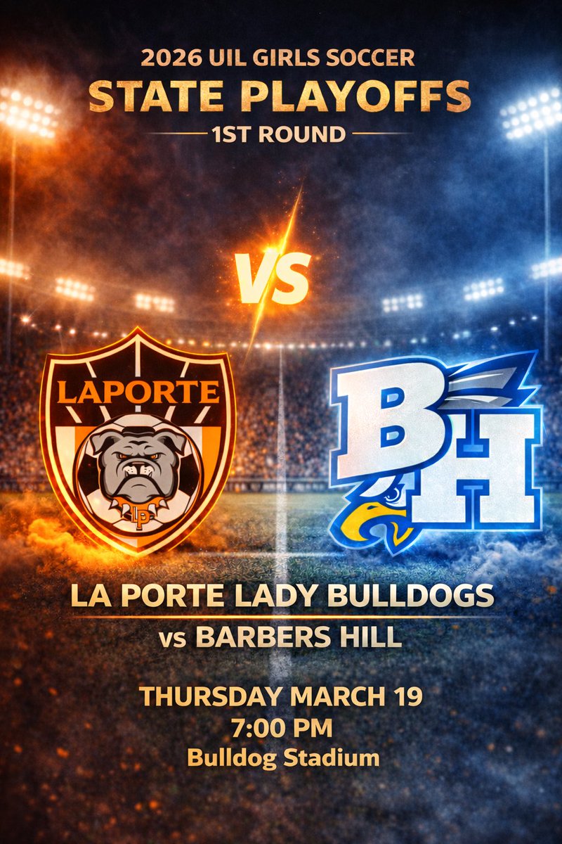 LPGirls_Soccer's tweet photo. MARK YOUR CALENDARS ‼️

PLAYOFFS ROUND 1 
🆚 Barbers Hill
🗓️Thursday, March 19th
⏱️7PM
📍Bulldog Stadium 

Be there to support your last bulldogs at HOME!! Hope to see a sea of ORANGE next Thursday night!!! 🧡🤍⚽️

@laporteisdathletics @lpisd @HanksandHanks https://t.co/iMNQ5GNOsw