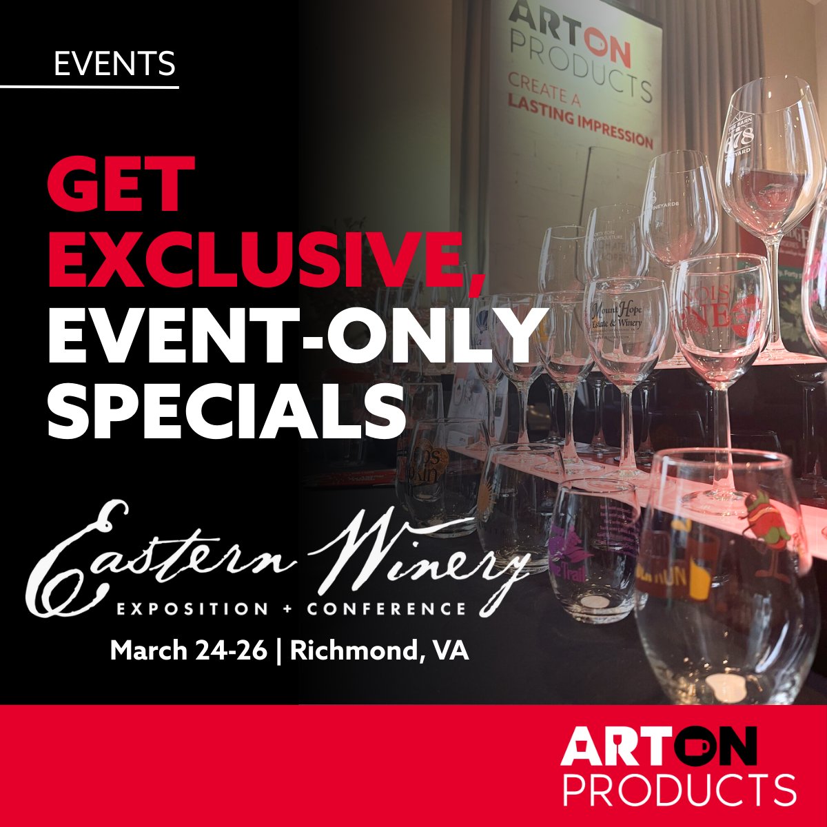 ARTonProducts's tweet photo. 🍷 Two weeks to go until the Eastern Winery Exposition!

Our team will be onsite to talk about custom glassware solutions for tasting rooms, wine clubs, events, and retail programs.

Attending? Free VIP ticket:
https://t.co/D3R5MQDNbB

#EWE2026 #ARTonProducts #CustomGlassware https://t.co/geRPU4ZA4E