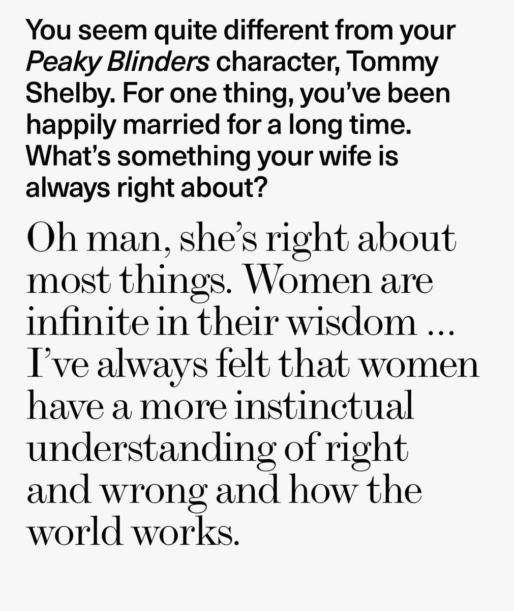 LisaBritton's tweet image. One of my favorite actors, Cillian Murphy, was interviewed by Elle and when asked about his wife, he said she’s right about most things and he “always felt that women have a more instinctual understanding of right and wrong and how the world works.” This kind of perspective is