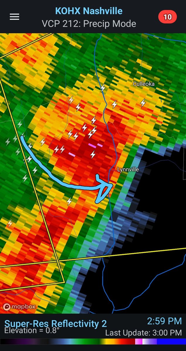 Rear inflow jet 70+ winds headed for Lynnville. #TNwx