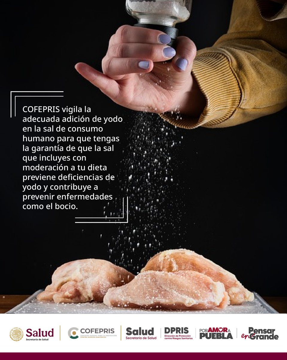 SaludGobPue's tweet photo. COFEPRIS asegura que la sal que consumes contenga el yodo adecuado, previniendo deficiencias y enfermedades como el bocio.  ¡Disfrútala con moderación en tu dieta! #SalYodada #SaludGarantizada https://t.co/frPUFxd9cV