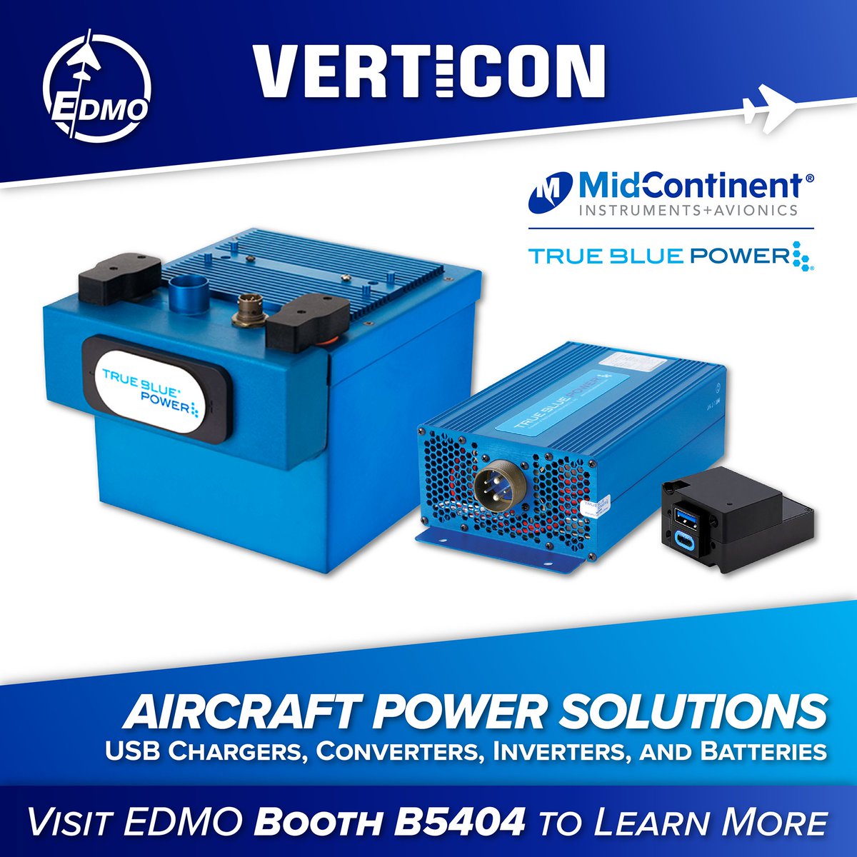 EDMO_Dist's tweet photo. Trust Mid-Continent Instruments &amp; Avionics for your aviation power needs. Their True Blue Power division specializes in USB chargers, converters, inverters, and batteries packed with cutting-edge tech. Find out how to best equip your aircraft at Booth B5404! #EDMO #VERTICON2026 https://t.co/y7svkMbs20