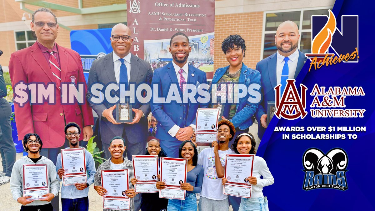 NewtonCoSchools's tweet photo. What an incredible day at 1 Ram Way!

The Alabama A&M Scholarship Bus rolled onto the @Newton_High campus Tuesday bringing life-changing opportunities for our students. Alabama A&M University President Dr. Daniel K. Wims, along with members of his executive cabinet, personally presented more than $1 MILLION in scholarships to 31 Newton High School students.

Congratulations to these outstanding Rams, and thank you to Alabama A&M University for investing in their future.

$1 million in scholarships. 31 Rams. One unforgettable day at 1 Ram Way. 🎓🐏