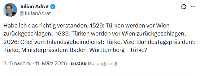 Julian Adrat, Platz 15 der Landesliste der AfD für's Berliner Abgeordnetenhaus.
Sie werden Menschen mit Migrationshintergrund niemals als Deutsche akzeptieten. Der nächste Beleg.

(Dass der BT-Vizepräsident iranische, nicht türkische Wurzeln hat, nur nebenbei.)