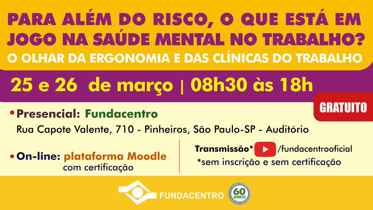 Fundacentro_of's tweet image. 🆓Inscrições abertas!

✅Escolha como participar: presencial, on-line síncrono, on-line assíncrono ou YouTube

⚠️Cada modalidade tem seus requisitos de inscrições e certificação

👓Detalhes na notícia: x.gd/I13v1

#SaúdeMental #FatoresPsicossociais #Cipa #NR17 #NR01