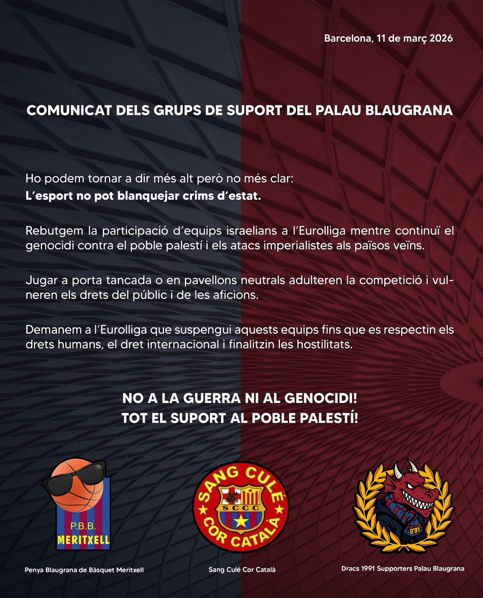 FC Barcelona's fan groups have released a statement regarding the EuroLeague match to be played against the Israeli team Hapoel Tel Aviv this Friday:

“We can say this louder, but we cannot say it more clearly: Sports cannot whitewash state crimes. 

We reject the participation
