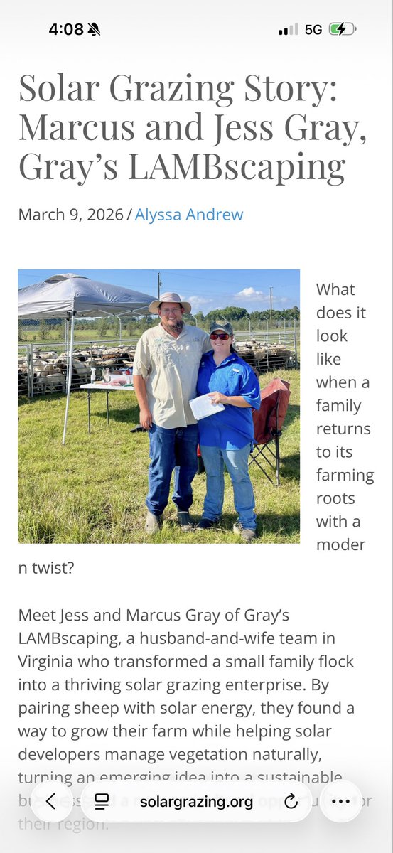 GrayFeist's tweet image. Our #solargrazing case study @graysLAMBscapin.

solargrazing.org/solar-grazing-…

#ASGA #agrivoltaics #solarsheep #cattlevoltaics