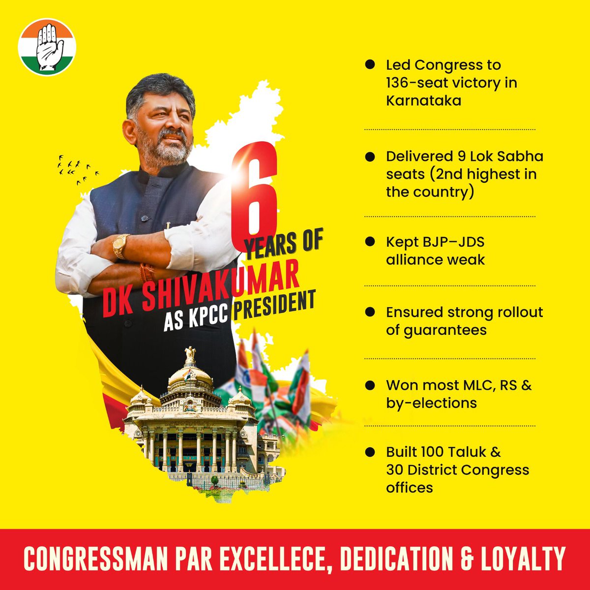 Six remarkable years of leadership by <a href="/DKShivakumar/">DK Shivakumar</a> as Karnataka Congress President.

A true Congressman par excellence. 💪🇮🇳