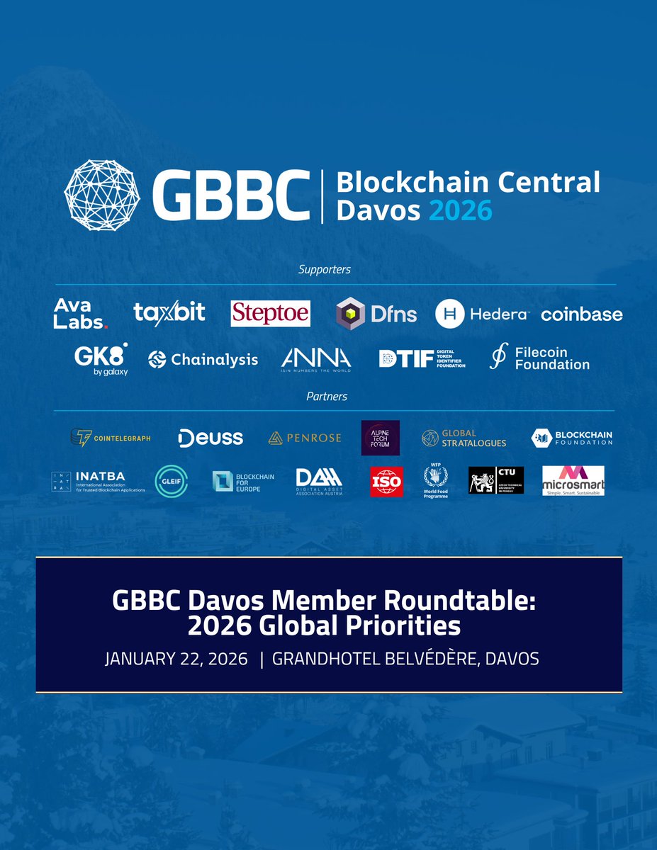GBBC_io's tweet image. 🌐  What will shape the global blockchain agenda in 2026?

At #BlockchainCentral #Davos 2026, GBBC convened members for a closed-door roundtable to align on key industry priorities, including:

🔹 #RegTech for compliant 24/7 markets
🔹 Custody, wallets, and market infrastructure