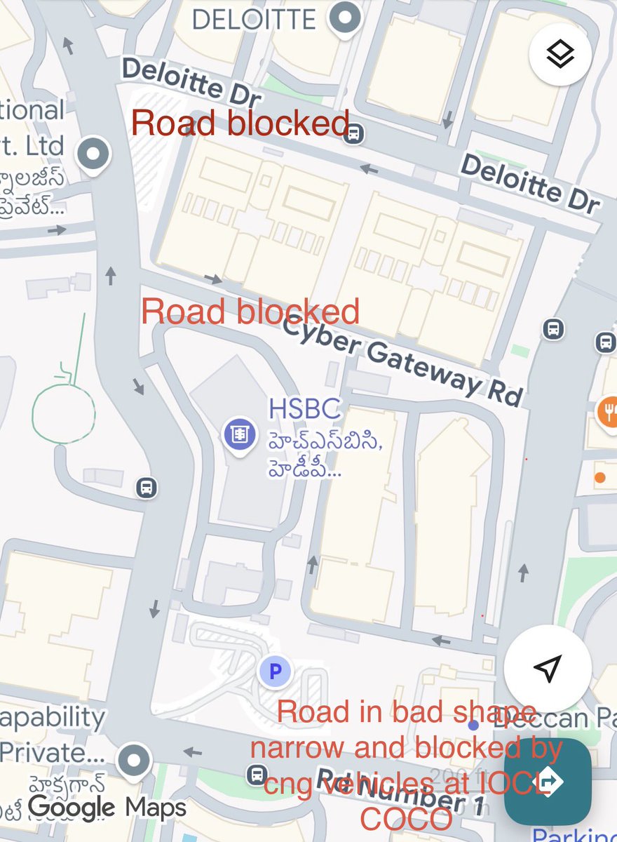 hgudipati's tweet photo. @CYBTRAFFIC sir, Deloitte Dr road &amp; cyber gateway roads are blocked during working days. We only have option to use road number 1 near IOCL COCO fuel station that too we are left with narrow left turn, road in bad shape and it is half blocked by for cng filling. https://t.co/ReWOdvnEho