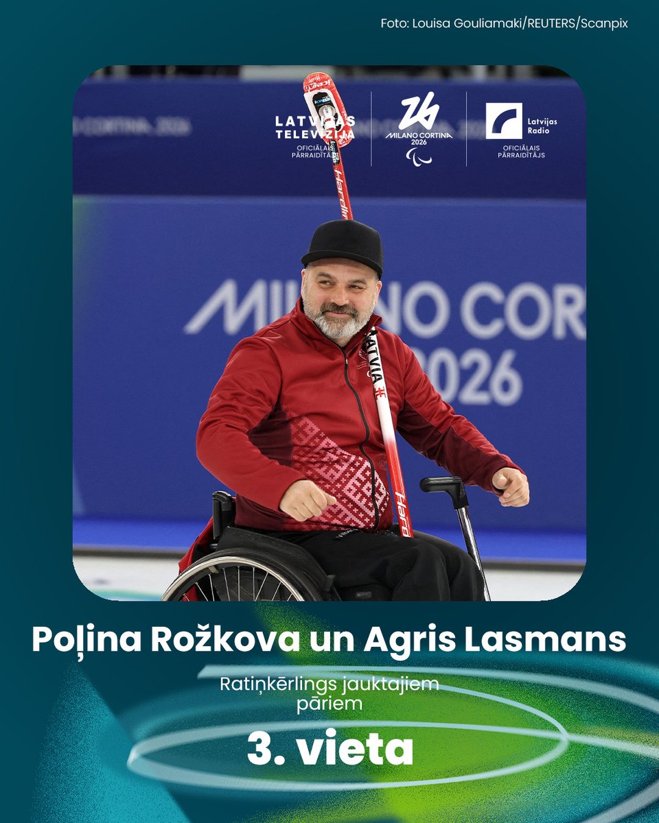 ltvpanorama's tweet photo. 🥉 Latvijas ratiņkērlingisti Poļina Rožkova un Agris Lasmans Milānas un Kortīnas paraolimpiskajās spēlēs jaukto pāru sacensībās izcīnīja bronzas godalgas!

Spēlē par trešo vietu Latvijas ratiņkērlingisti ar 11:10 pārspēja ASV komandu. #ParaOS2026 #LSM https://t.co/Yv7erQJr0U