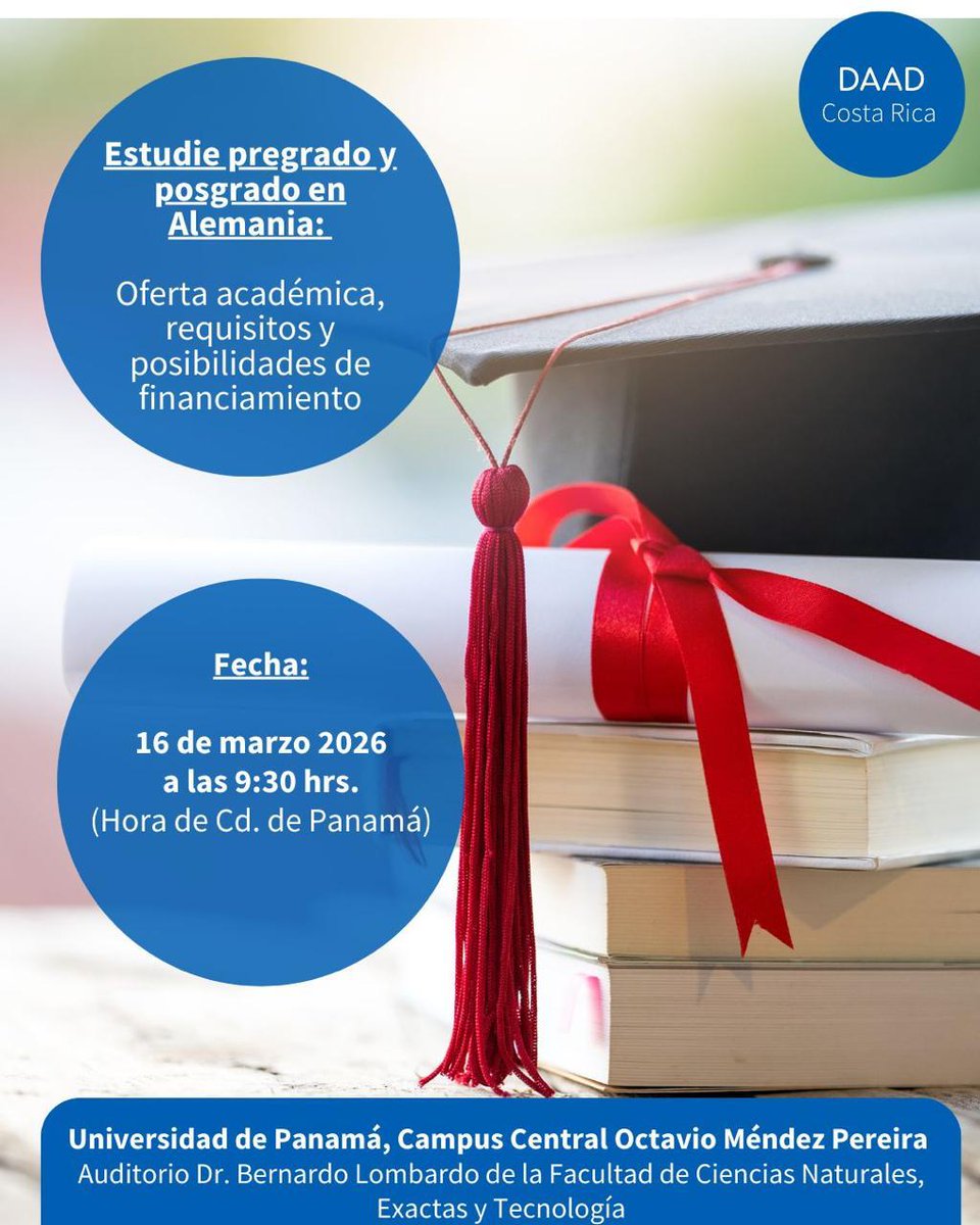 DefensoriaUP's tweet photo. Oportunidad de becas para estudiar en Alemania 🇩🇪 Día Lunes 16 de marzo auditorios Dr. Bernardo Lombardo; Fac. De Cienxias NAT. Campus de la Universidad de Panamá 🇵🇦

#universidaddepamama https://t.co/2JJjVeau2g