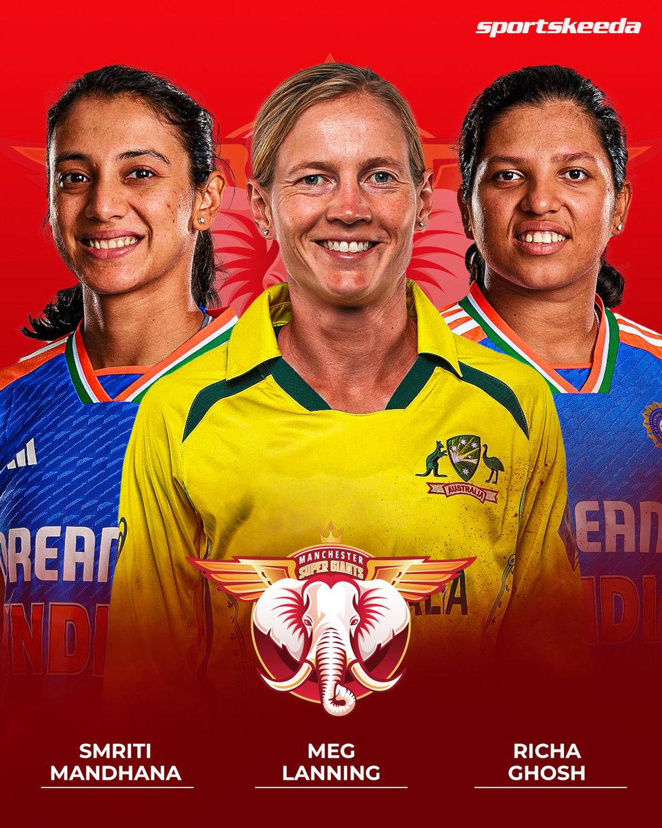 Sportskeeda's tweet image. Manchester Super Giants are set to feature a powerful batting trio of Meg Lanning, Smriti Mandhana, and Richa Ghosh in the Women’s Hundred 2026. 🏆🔥

#Cricket #MSG #TheHundred