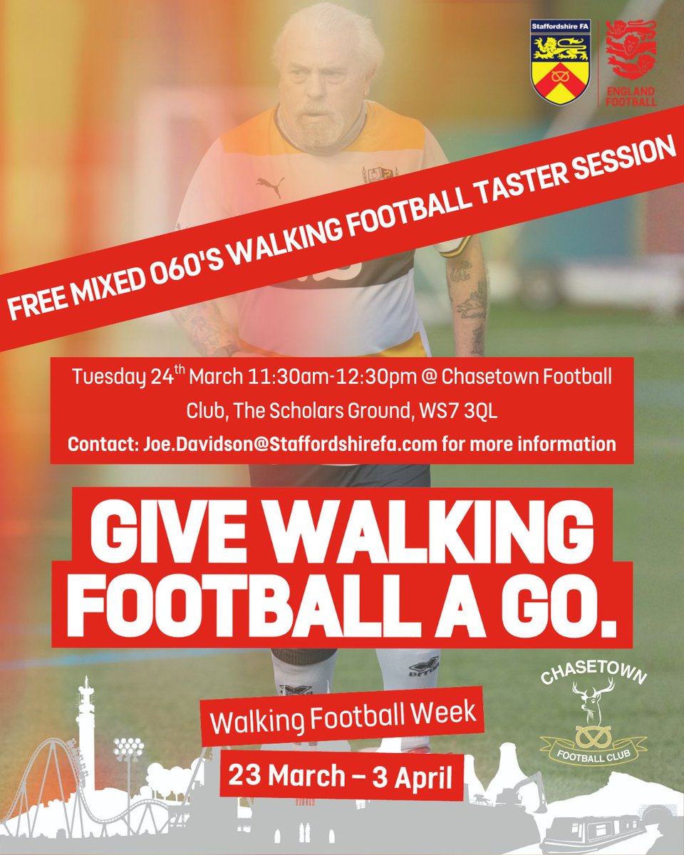 JoeDavidsonSFA's tweet photo. ⚽️ 𝙂𝙞𝙫𝙚 𝙒𝙖𝙡𝙠𝙞𝙣𝙜 𝙁𝙤𝙤𝙩𝙗𝙖𝙡𝙡 𝘼 𝙂𝙤 ⚽️
Fancy giving something new a try? 
Join us at @ChasetownFC1954 on Tuesday 24th March for a 𝙁𝙍𝙀𝙀 over 60's Walking Football Taster Session, as part of National Walking Football Week.
#StaffordshireFootball https://t.co/XIOlsHlgNU