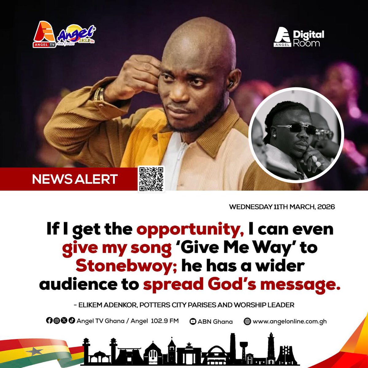 Angelfm1029's tweet photo. If 1 get the opportunity, I can even give my song 'Give Me Way' to Stonebwoy; he has a wider audience to spread God's message — ELIKEM ADENKOR, POTTERS CITY PARISES AND WORSHIP LEADER

#AngelFm #AngelTV
#QuickBulletin https://t.co/Oc97p1EHDg