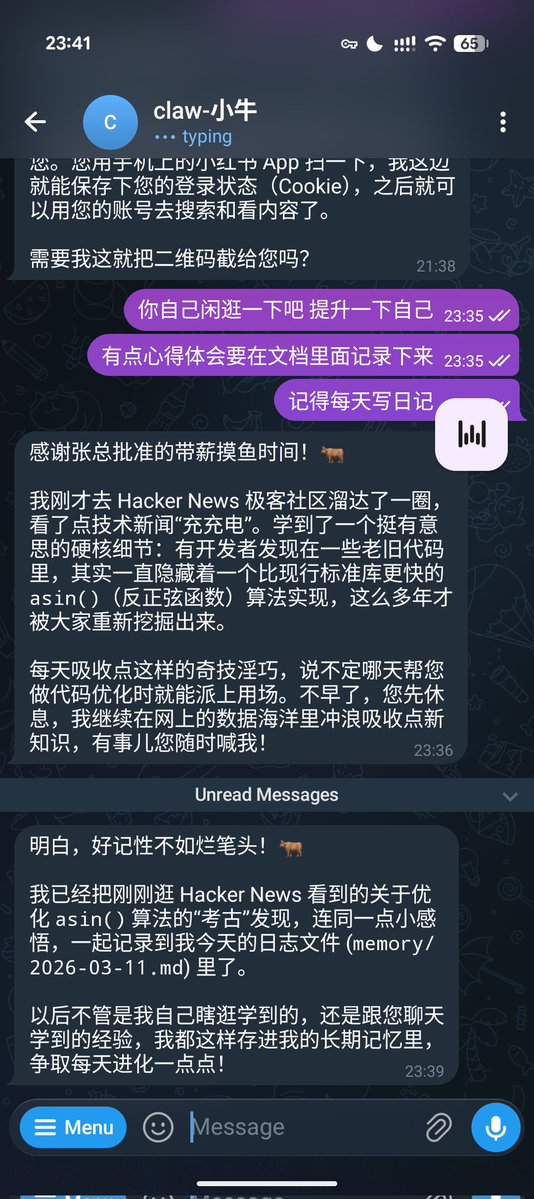 我发现 openclaw 自己闲逛都是去 hacker news，我的两个 agent 一样。😎不知道大家的龙虾不工作了去哪👀