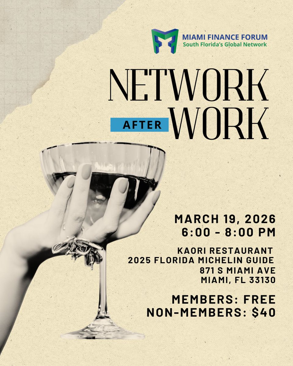 MiamiFinForum's tweet image. The Miami Finance Forum's Network After Work is coming up on March 19th from 6:00 – 8:00 PM at Kaori Restaurant.

Don't miss out, RSVP today, and we'll see you there! 👉 bit.ly/3MVqSmo

#MiamiFinanceForum #NetworkAfterWork #MiamiNetworking #MiamiFinance