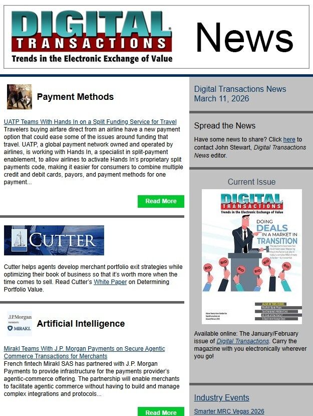 DTPaymentNews's tweet photo. Today’s Digital Transactions News: UATP, Hands In Add Split Payment Option; J.P. Morgan Payments’ Mirakl Tie-in; Mastercard’s Crypto Move
https://t.co/Sy86sXRXzM
#payments #airfare #splitpayments #UATP #HandsIn #Mastercard #cryptocurrency #JPMorganPayments #Mirakl #AI https://t.co/O0mAYCljrE