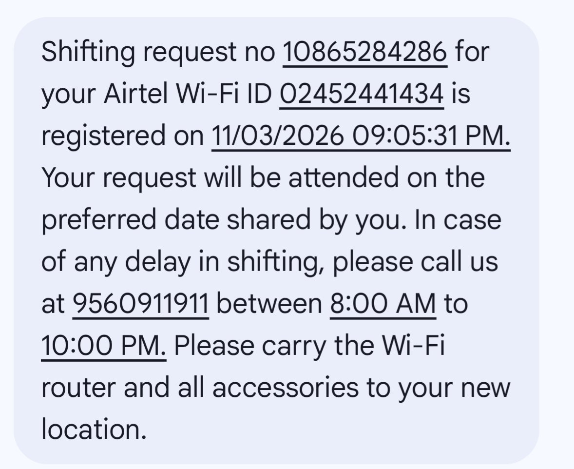 <a href="/Airtel_Presence/">Airtel Cares</a> The airtel engineer applied for a shifting request but I didn't apply for the shifting request .How can he apply for a shifting request on behalf of me.
Shameful airtel
