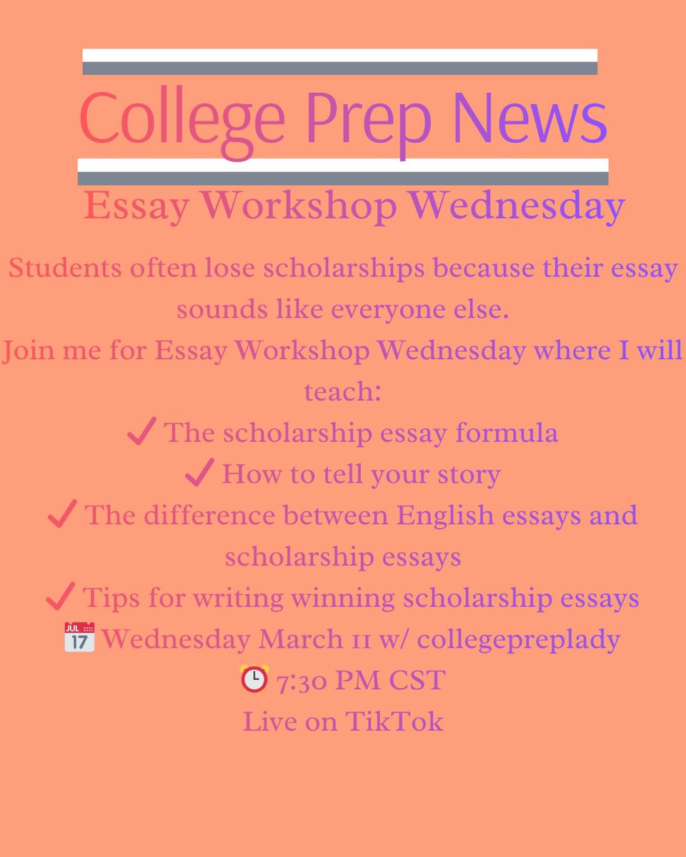 nextchapEDFDN's tweet photo. Students:

Scholarship essays can help you win thousands in financial aid.

Learn how to write a winning scholarship essay.

Essay Workshop Wednesday
7:30 PM CST
Live on TikTok
#ScholarshipEssay
#EssayWorkshopWednesday
#CollegeEssay
#NXTCEF https://t.co/Q09GZk9BLs