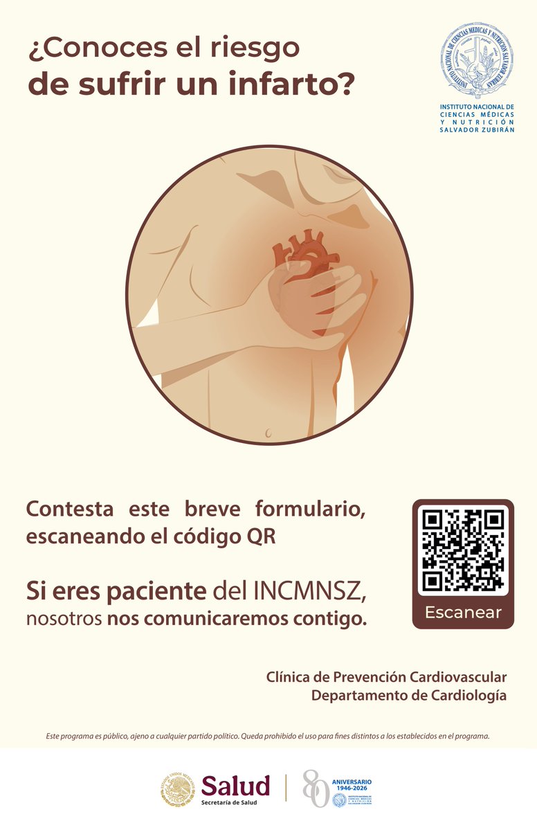 ¿Conoces el riesgo de sufrir un infarto?
Escanea el código QR y contesta un breve formulario. Si eres paciente del INCMNSZ nos comunicaremos contigo.