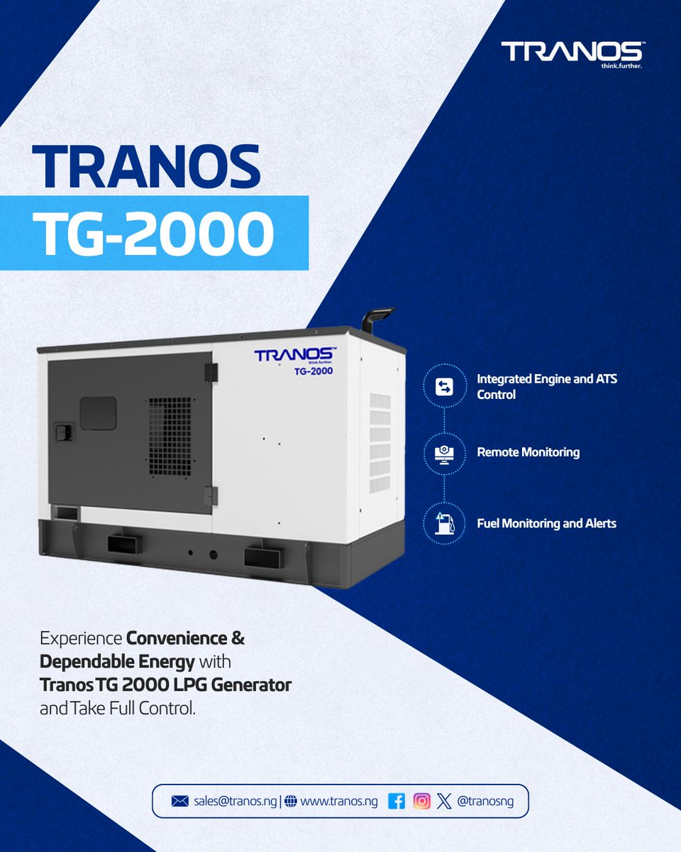 Tranosng's tweet photo. Meet Tranos TG 2000 LPG Gas Generator, designed for reliable energy supply during outages. With integrated engine control, remote monitoring, real-time fuel tracking, &amp; alert notifications, it’s a gamechanger for homes and businesses. 

#Tranos #LPGGasGenerator
#Generator #Fuel https://t.co/pyGuOZ8Ljs