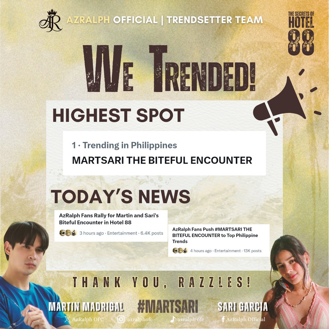 AzRalphOFC's tweet photo. First, the most-awaited MartSari encounter... now we trended ON TOP!

Our tag peaked at the TOP SPOT, alongside TWO features from Today's News! 

Thank you very much for joining tonight's trending party, Razzles! Amazing work as always!

Finally! MartSari has officially crossed paths once again, and this time they will be working together!

How will their opposing personalities work?? Let's all find out in the coming episodes... So better watch out, Razzles!

See you again tomorrow!

Love, 
Trendsetter Team

MARTSARI THE BITEFUL ENCOUNTER