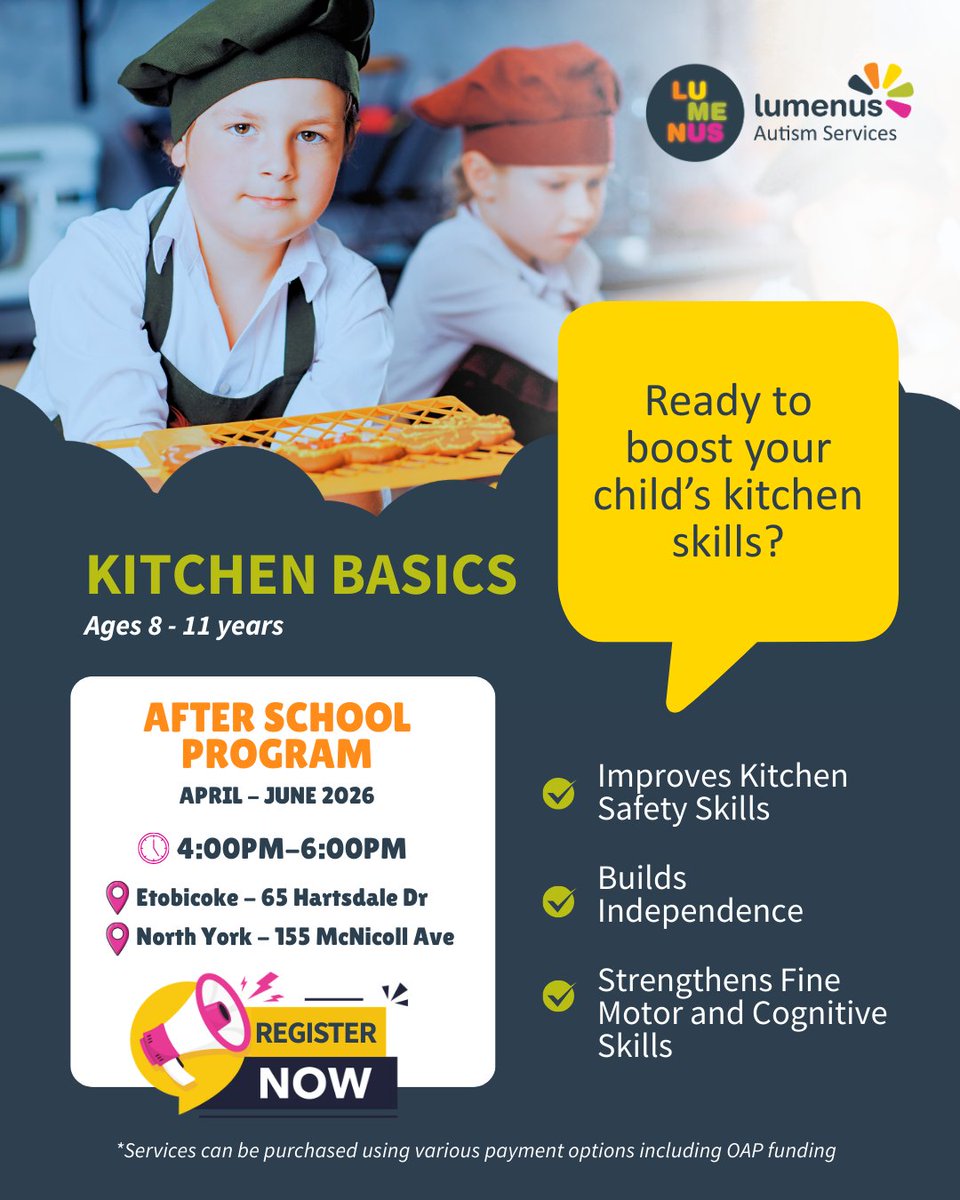 LumenusCS's tweet image. Lumenus Autism Services is offering engaging programs April–June 2026, including: Kitchen Basics, Individualized &amp;amp; Group ABA Therapy and Conversation Essentials. View the graphics for details – spots are limited. #Lumenus #AutismPrograms #TorontoFamilies #Neurodiversity