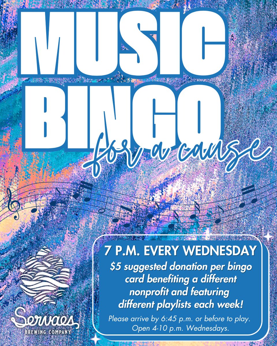 ServaesBrewCo's tweet photo. Join us at 7 p.m. TONIGHT for music bingo featuring party starters &amp; Disney songs to benefit Tyler's House KC! 🎶🎵 Suggested donation per bingo card is $5 &amp; goes directly to help the organization! Please arrive by 6:45 p.m. or before to get checked in. Open 4-10 p.m. today. https://t.co/xomshZcbOY
