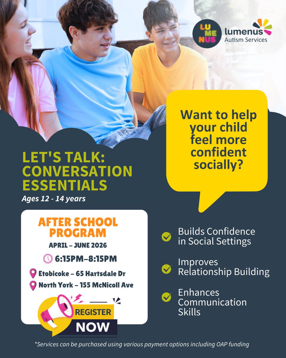LumenusCS's tweet image. Lumenus Autism Services is offering engaging programs April–June 2026, including: Kitchen Basics, Individualized &amp;amp; Group ABA Therapy and Conversation Essentials. View the graphics for details – spots are limited. #Lumenus #AutismPrograms #TorontoFamilies #Neurodiversity