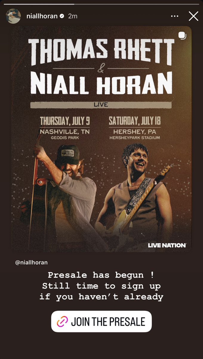 🧡 Niall posted to his IG stories announcing his upcoming shows with Thomas Rhett! Presale has begun.

📅 July 9 at Geodis Park in Nashville, TN

📅 July 18 at Hersheypark Stadium in Hershey, PA

🔗 link.fans/niallhoran-trp…
#NiallHoran #NiallHoranTour 

📷 niallhoran on IG