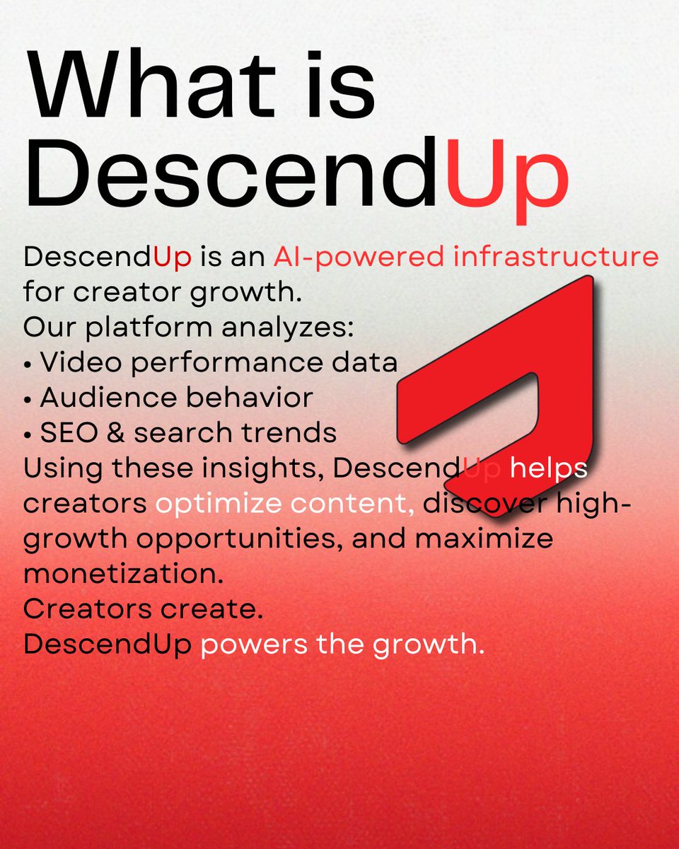 DescendUpAI's tweet photo. Millions of views are already hiding in your old videos.
Bas algorithm ko samajhne ki der hai.

Meet DescendUp — AI that recovers lost reach and grows your YouTube library through smarter metadata &amp; search optimization.

Creators create.
DescendUp grows. 🚀 https://t.co/1jcha5ocXr