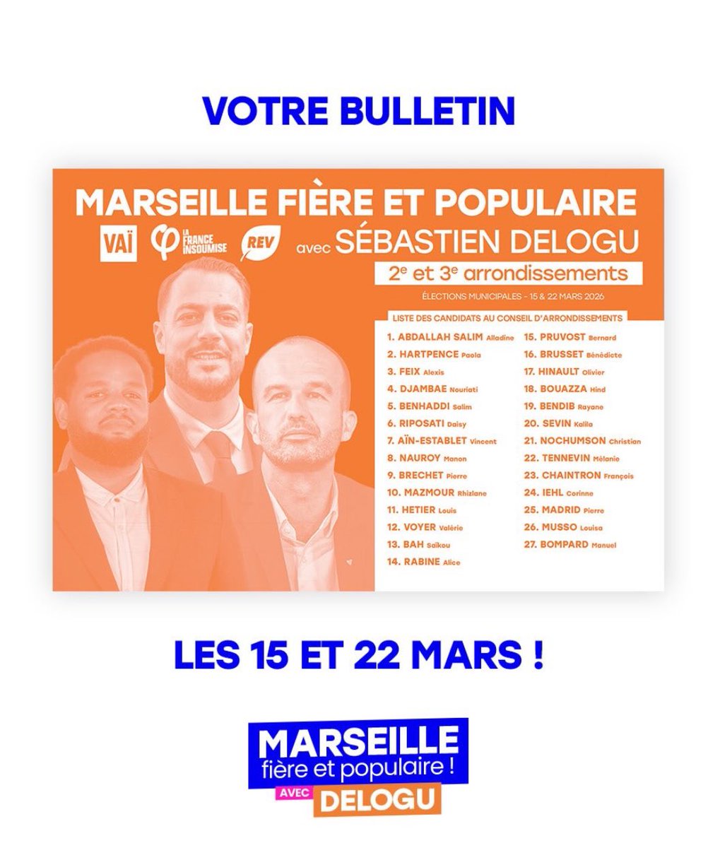 Voici la liste que je conduis dans le 2ème et 3ème arrondissements de Marseille aux côtés de mes colistiers.

Pour rendre Marseille fière et populaire ✊🏿🇫🇷

Tout est entre vos mains. Rendez-vous ce dimanche !