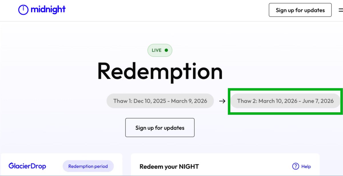 Midnight Thaw 2 for Cardano $NIGHT started yesterday. If you were able to redeem NIGHT on Day 1 of thaw 1, redemption for thaw 2 is ready, and so on... Day 10 of thaw 1 redeems are available on Day 10 of thaw 2.

And, NIGHT is listing on <a href="/binance/">Binance</a> ! 🔥

Redeem link in next post 👇