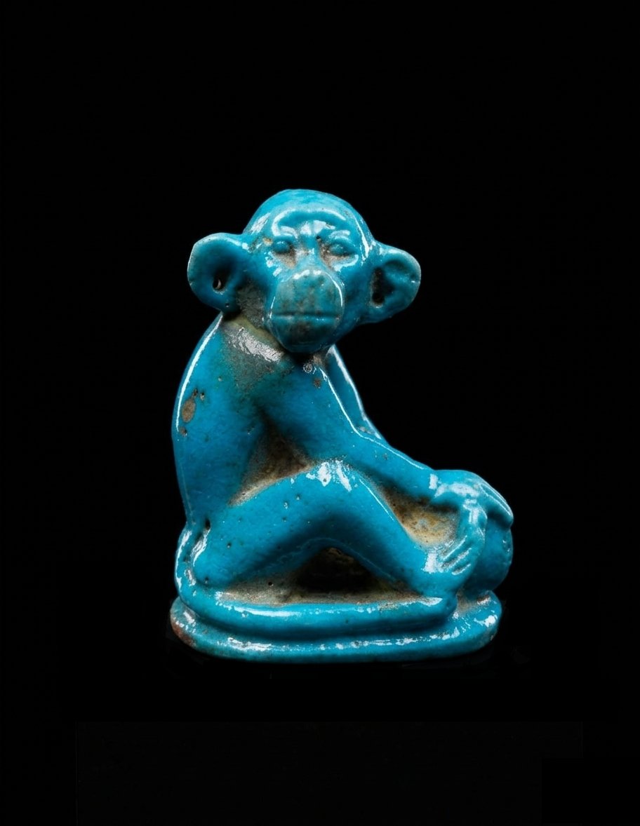 egyptomuseum's tweet image. Faience Monkey 

New Kingdom, 18th Dynasty, c. 1352–1336 B.C.

▫ This small faience #monkey clasps a rounded object, likely a fruit or ball, in its hands. The animal’s ears are pierced, suggesting that tiny metal earrings were once attached. Such details have led some scholars