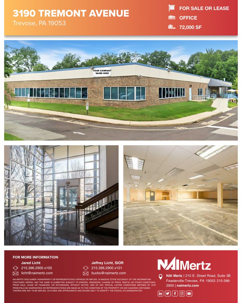 NAIMertz's tweet image. 3190 Tremont Avenue | Trevose PA
72,000± SF of Office for Sale / Lease

Jeff Licht | jeff.licht@naimertz.com
Jared Licht | jared.licht@naimertz.com

#OfficeSpace #OfficeLeasing #CommercialRealEstate #CRE