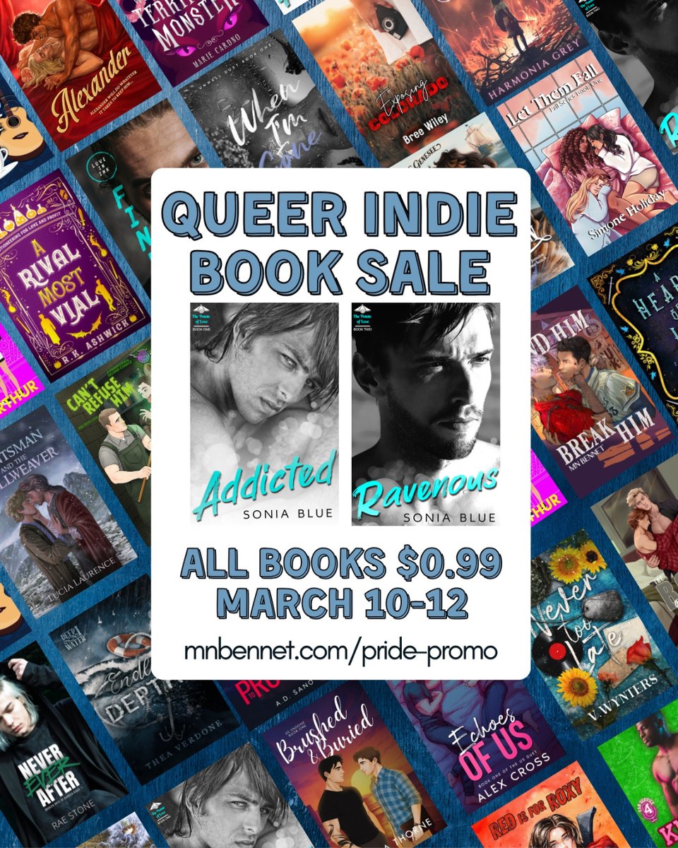 𝗧𝗵𝗲 𝗤𝘂𝗲𝗲𝗿 𝗜𝗻𝗱𝗶𝗲 𝗕𝗼𝗼𝗸 𝗦𝗮𝗹𝗲 has almost 200 books across a bunch of genres for just $𝟬.𝟵𝟵, including 𝗔𝗱𝗱𝗶𝗰𝘁𝗲𝗱 &amp; 𝗥𝗮𝘃𝗲𝗻𝗼𝘂𝘀!

mnbennet.com/pride-promo

Thank you to @mnbennetauthor for putting this together!

#booksale #mmromance #queerromance