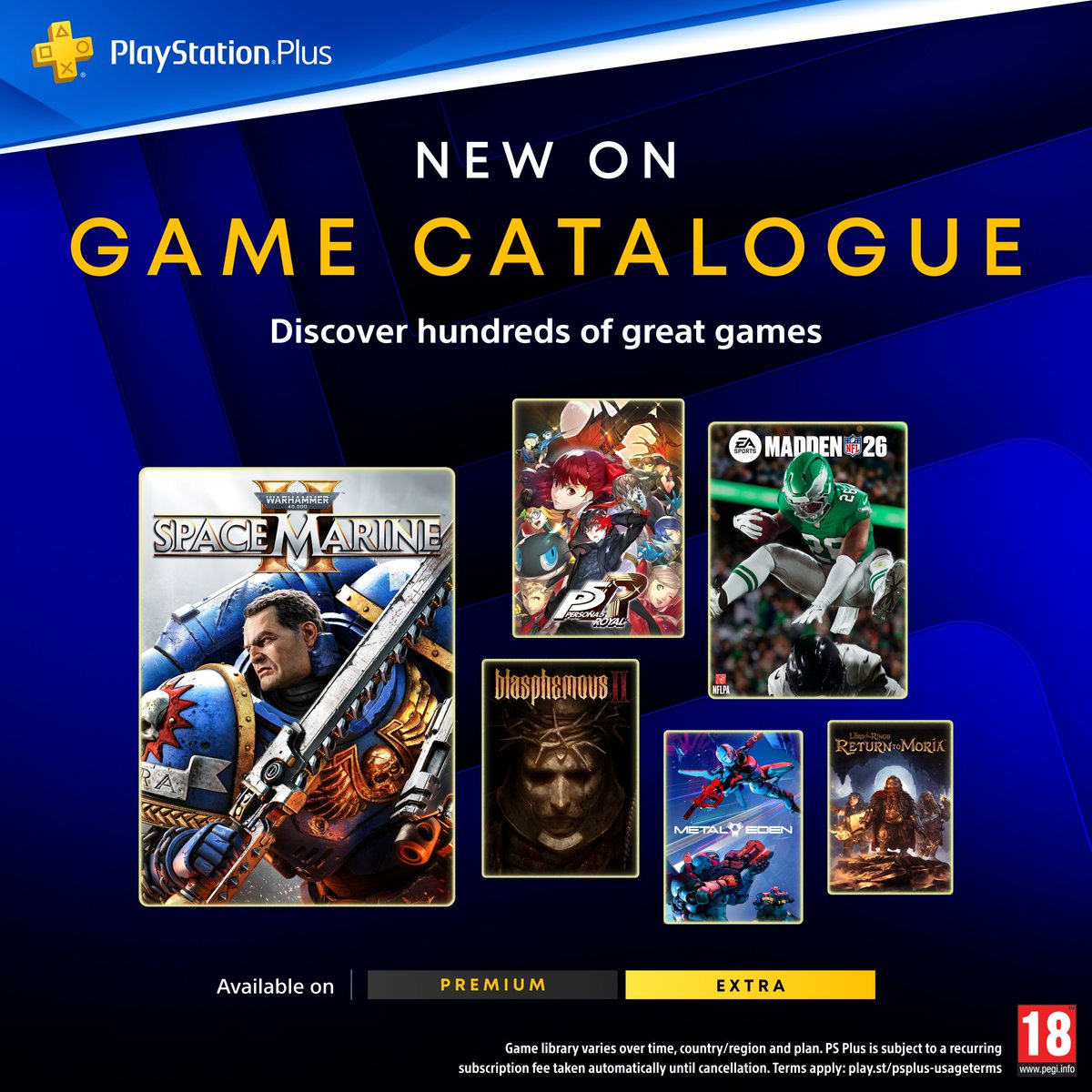 PlayStationUK's tweet photo. Your PlayStation Plus Game Catalogue lineup for March includes: 

🛡️ Warhammer 40,000: Space Marine 2
🏈 EA Sports Madden NFL 26
🃏 Persona 5 Royal
🩸 Blasphemous 2
🤖 Metal Eden
💍 Lord of the Rings: Return to Moria
🧑‍🚀 Astroneer

And for the Classics Catalogue:
🥊 Tekken Dark Resurrection (PSP)

https://t.co/0jFR6trgjk