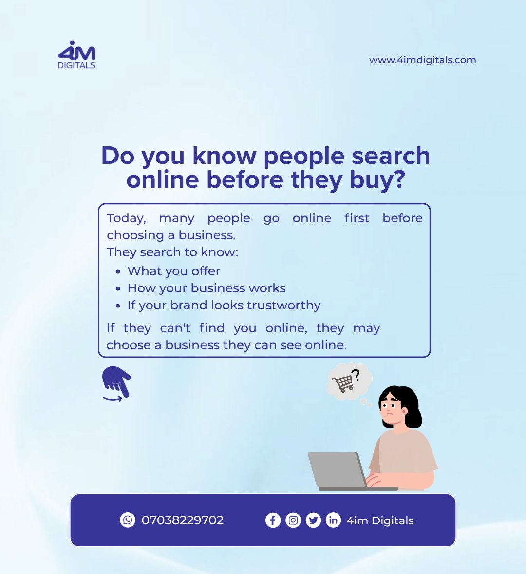 4imDigitals's tweet image. Digital Marketing helps businesses get seen, build trust, and attract customers online.

One powerful tool that helps achieve this is a Professional website.

Swipe through to understand why your business needs to be visible online.

#4imdigitals #4im #Website #businesswebsite