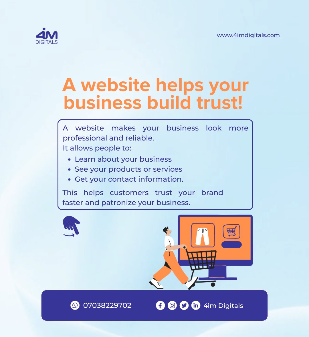 4imDigitals's tweet image. Digital Marketing helps businesses get seen, build trust, and attract customers online.

One powerful tool that helps achieve this is a Professional website.

Swipe through to understand why your business needs to be visible online.

#4imdigitals #4im #Website #businesswebsite