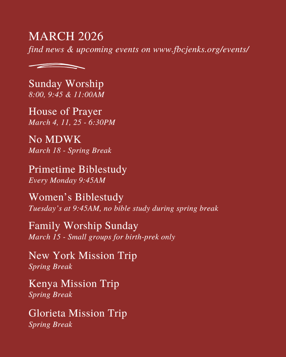 fbcjenks's tweet photo. 🗓️ March at Jenks https://t.co/tE5LUifsEx