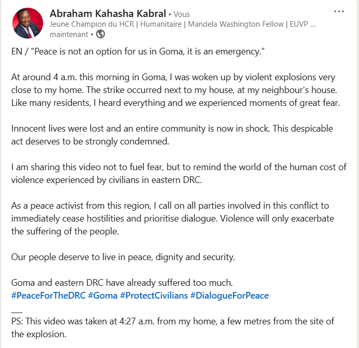 AbrahamKahasha's tweet photo. #DRC 4:27 AM. Explosions next to my home in Goma. Civilians traumatized. Innocent lives lost, including @UN Staff.
Arms, guns, or violence are not the solution. Dialogue and Security must prevail.
#EasternDRC #PeaceForDRC #ProtectCivilians #ProtectHumanitarianWork https://t.co/ot3mmPqiFr