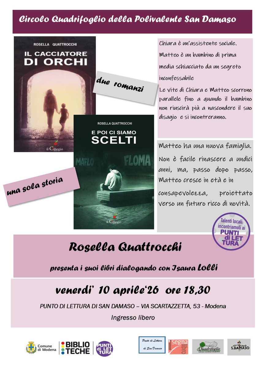 📌venerdì 10 aprile alle 18.30 siete invitati al Punto di Lettura #SanDamaso per l'incontro con Rosella Quattrocchi che presenta i suoi libri in dialogo con Isaura Lolli.

A cura del Circolo Quadrifoglio della Polivalente San Damaso.

Non mancate!

#puntidilettura