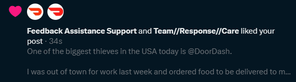 Maybe DoorDash should look at what they're liking on here before they like it. Clearly, they didn't read the first sentence of my post, let alone the rest of it.

UberEats gets it, though.