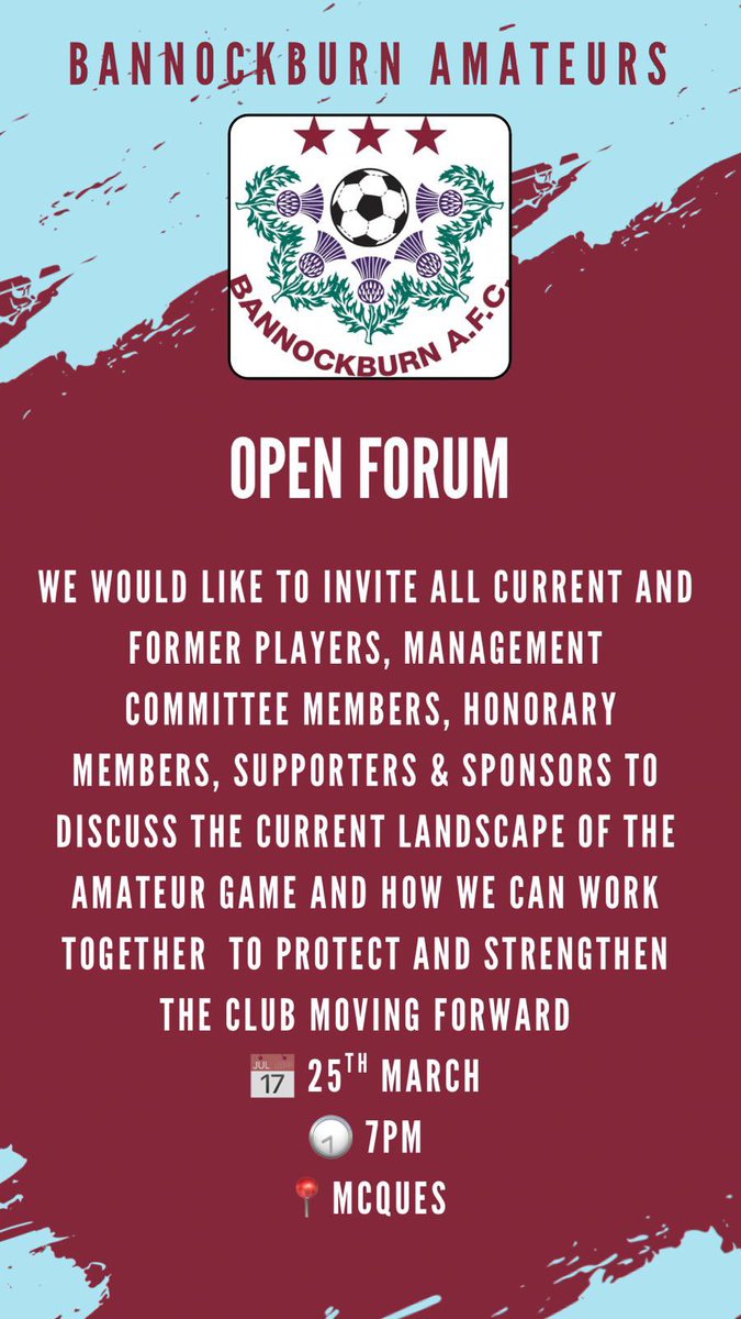 AfcBannockburn's tweet photo. Bannockburn Amateurs Open Forum🇱🇻
Join us on 25th March, 7PM at McQues to discuss the future of the club. All welcome. https://t.co/n9YMkOGfl8