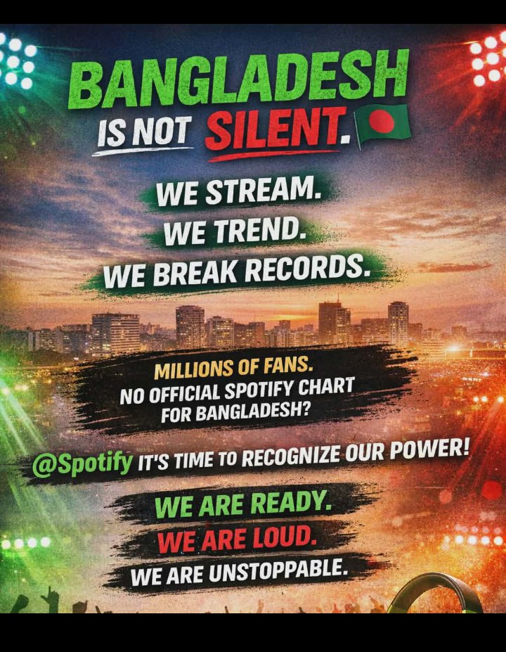 MariaDewan44962's tweet photo. Hello @Spotify @SpotifyCares @spotifyartists @SpotifyStatus
Spotify was officially launched in Bangladesh back in February,2021 but the charts for Bangladesh are not available yet. Kindly bring the charts in Bangladesh,Thank You!
#BDdeserveSpotifyChart https://t.co/T2SkgUNUAX