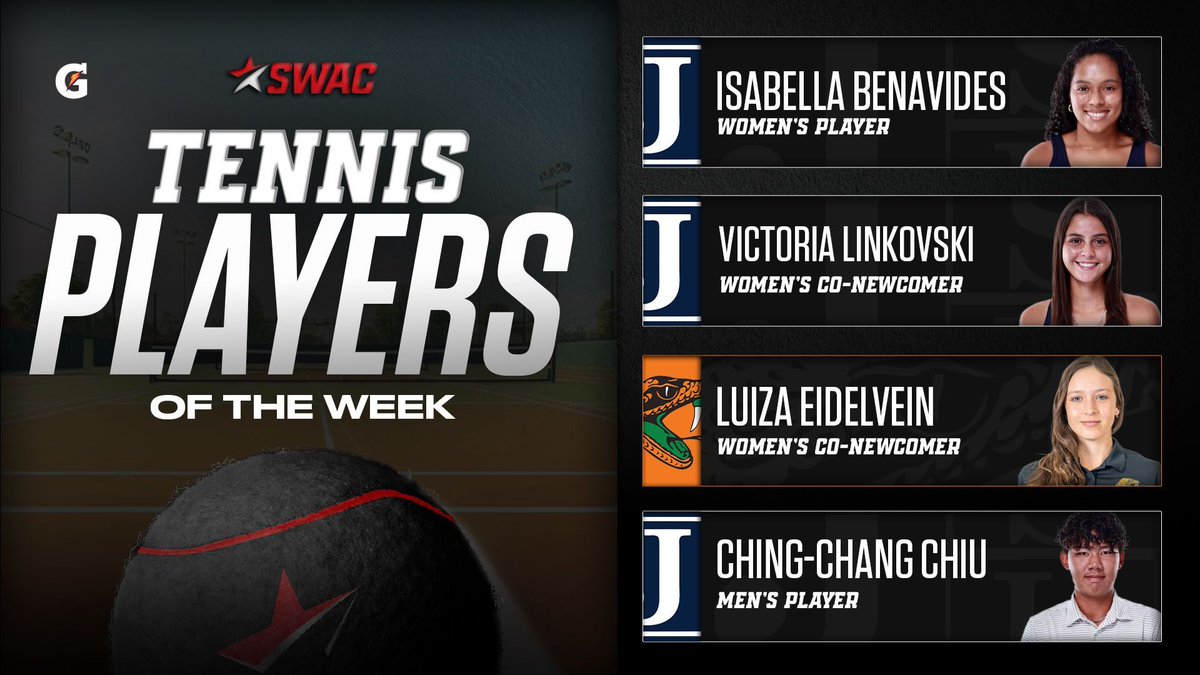 theswac's tweet photo. SWAC Tennis Players of the Week: Mar. 11

@gatorade

🐅 Isabella Benavides, Women's Player
🐅 Victoria Linkovski, Women’s Co-Newcomer
🐍 Luiza Eidelvein, Women’s Co-Newcomer
🐅 Ching-Chang Chiu, Men’s Player

#SWACTEN | #BuildingChampionsForLife https://t.co/z2LvgnwHqa