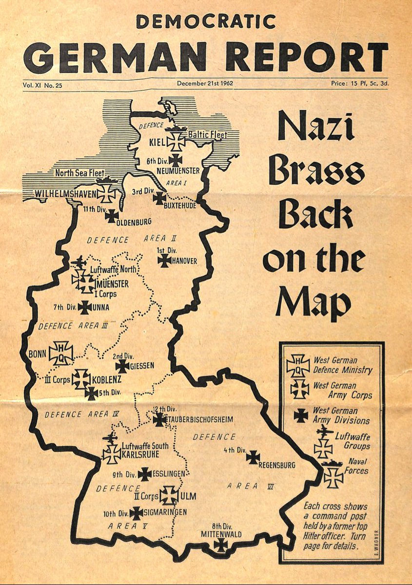 East German map highlighting the alleged rehabilitation of former high-ranking Nazi officers within the West German military and defense structure, 1962.